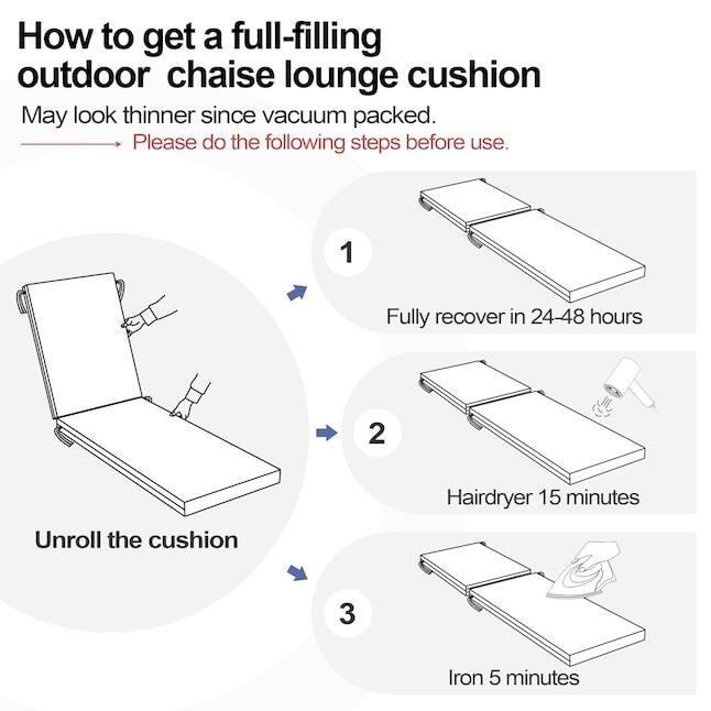 How to get a full-filling outdoor chaise lounge cushion  
May look thinner since vacuum packed.  
Please do the following steps before use.  
1. Fully recover in 24-48 hours  
2. Hairdryer 15 minutes  
3. Unroll the cushion  
4. Iron 5 minutes