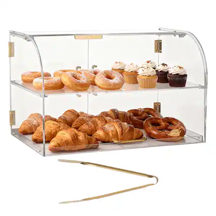 Front. VEVOR - Bakery Display Case, 2-Tier Commercial Countertop Pastry Display Case, Clear Acrylic Bread Box for Kitchen - Gold.