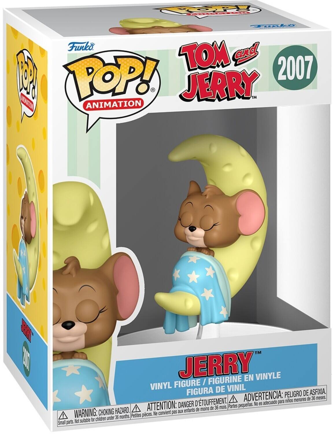 Sure, here is the corrected and grouped text from the image:

---

**Funko POP! Animation**

**TOM and JERRY™**

**2007**

**JERRY™**

**VINYL FIGURE / FIGURINE EN VINYLE / FIGURA DE VINIL**

**WARNING: CHOKING HAZARD. Small parts. Not suitable for children under 36 months.**

**ATTENTION: DANGER D'ÉTOUFFEMENT. Petites pièces. Ne convient pas aux enfants de moins de 36 mois.**

**ADVERTENCIA: PELIGRO DE ASFIXIA. Partes pequeñas. No es adecuado para niños menores de 36 meses.**

---

This text is organized to reflect the information on the packaging, including the brand, series, character, year, and safety warnings.