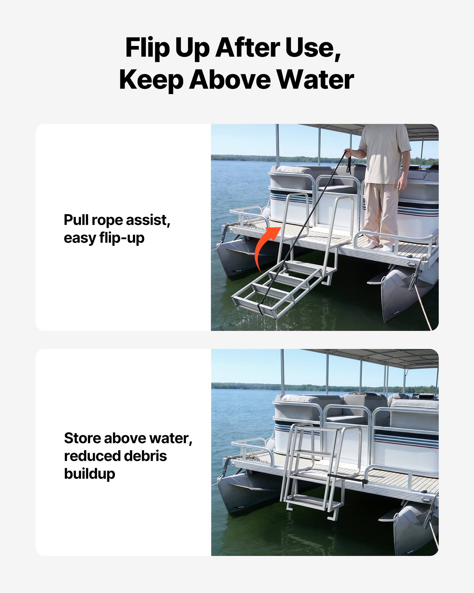 Flip Up After Use, Keep Above Water

- Pull rope assist, easy flip-up
- Store above water, reduced debris buildup