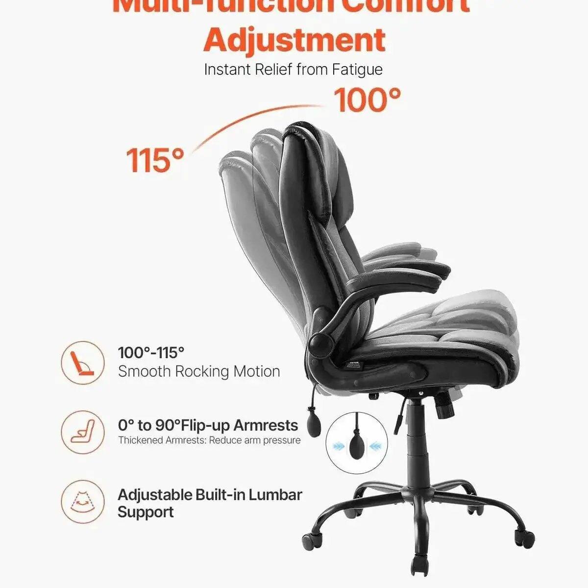 Multi-Function Comfort Adjustment  
Instant Relief from Fatigue  
100°  
115°  
100-115° Smooth Rocking Motion  
0° to 90° Flip-up Armrests  
Thickened Armrests: Reduce arm pressure  
Adjustable Built-in Lumbar Support