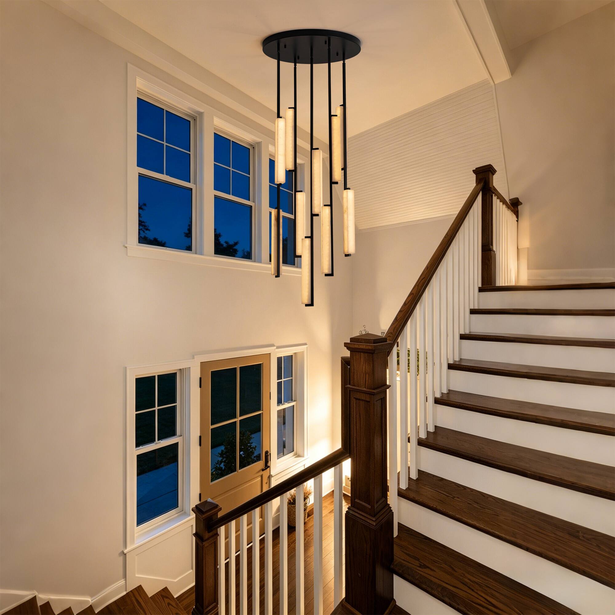 Alt View 1. Siljoy - 24 In Black Alabaster 10-Light LED Staircase Chandelier, 3 Color Changing, for Living Room and High Ceiling Foyer - Black.