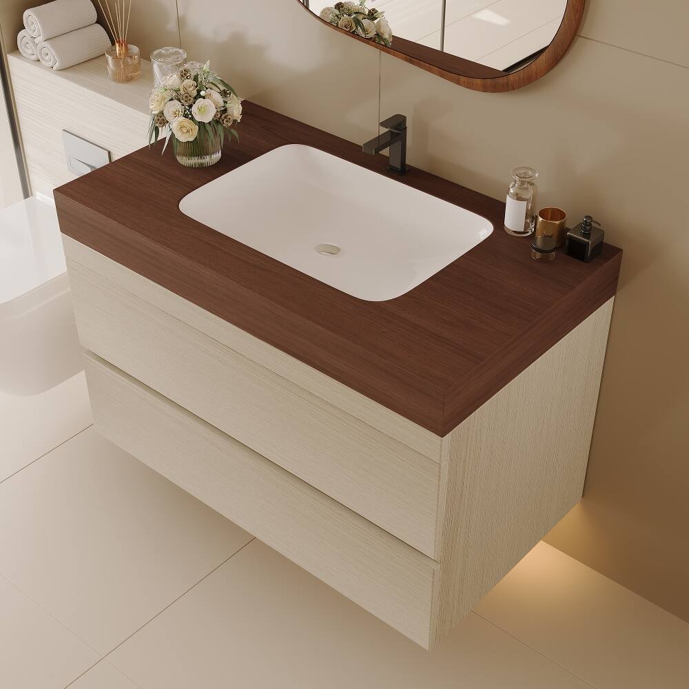 Alt View 2. Loheer - Loheer 29.9 inch floating bathroom vanity Walnut Wood Sintered Stone Top - Walnut.