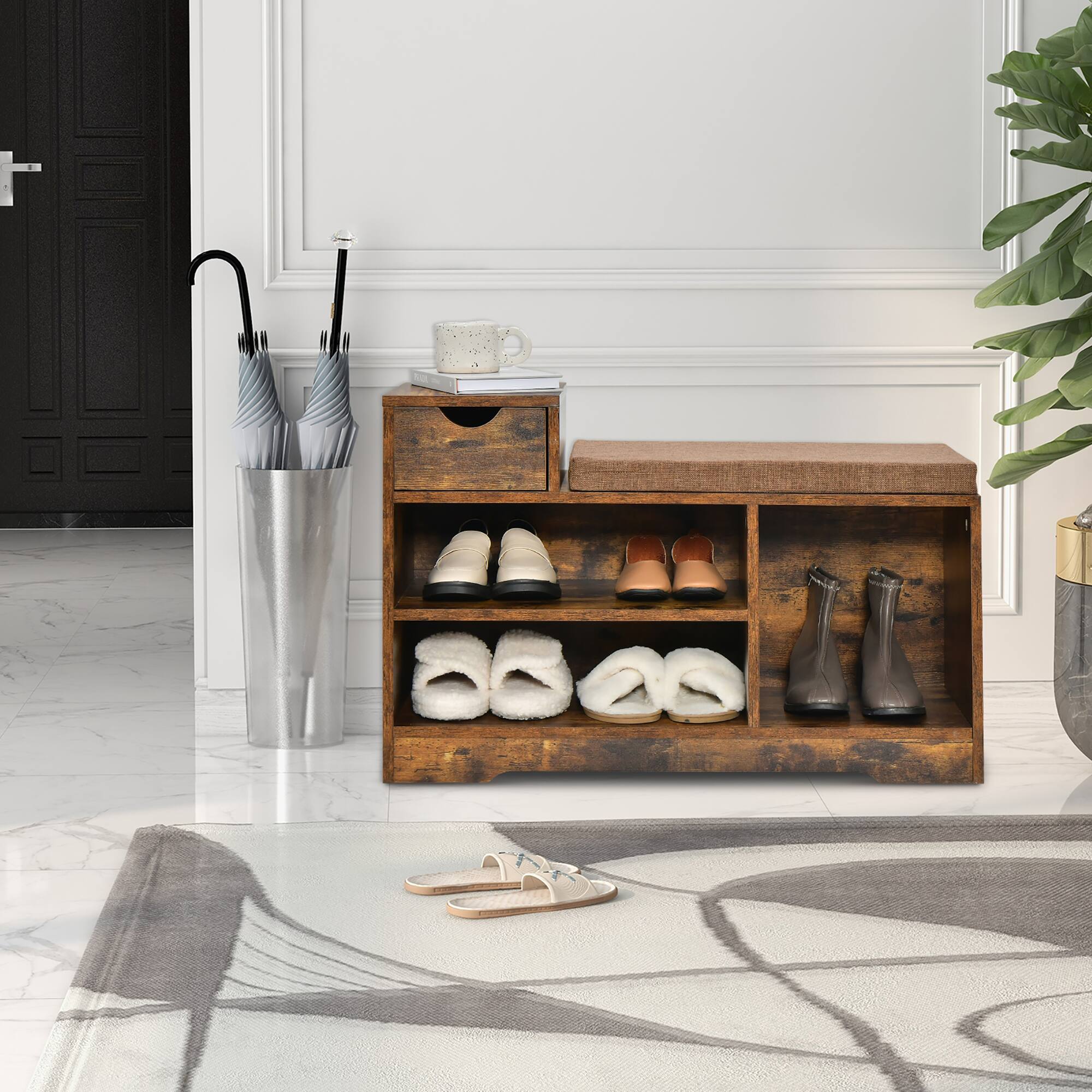 Alt View 12. Costway - 2-tier Shoe Bench Storage Shoe Rack Organizer Cabinet with Cushion for Entryway - Rustic Brown.