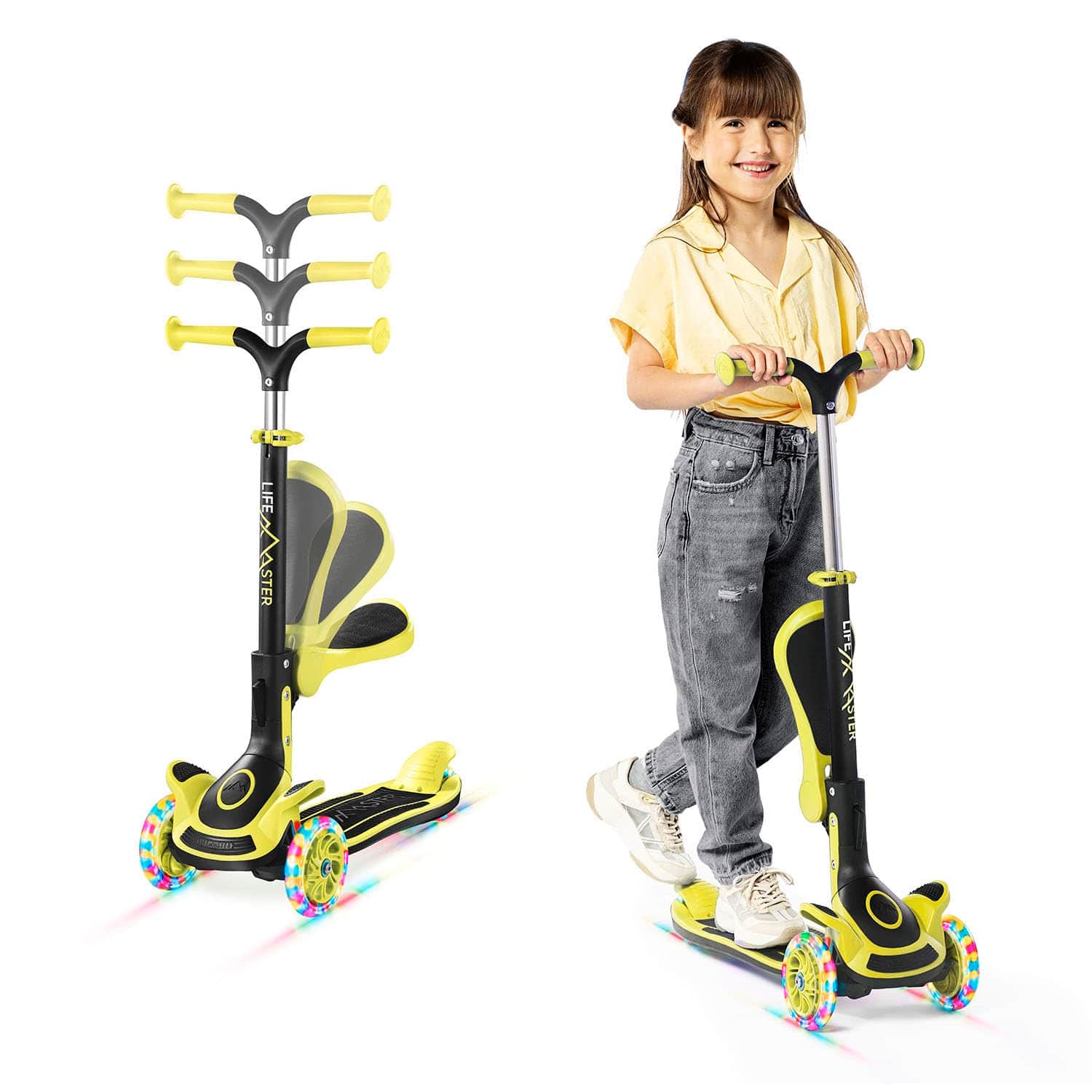 Lifemaster 3 Wheel Kids Scooter with Foldable Seat and LED