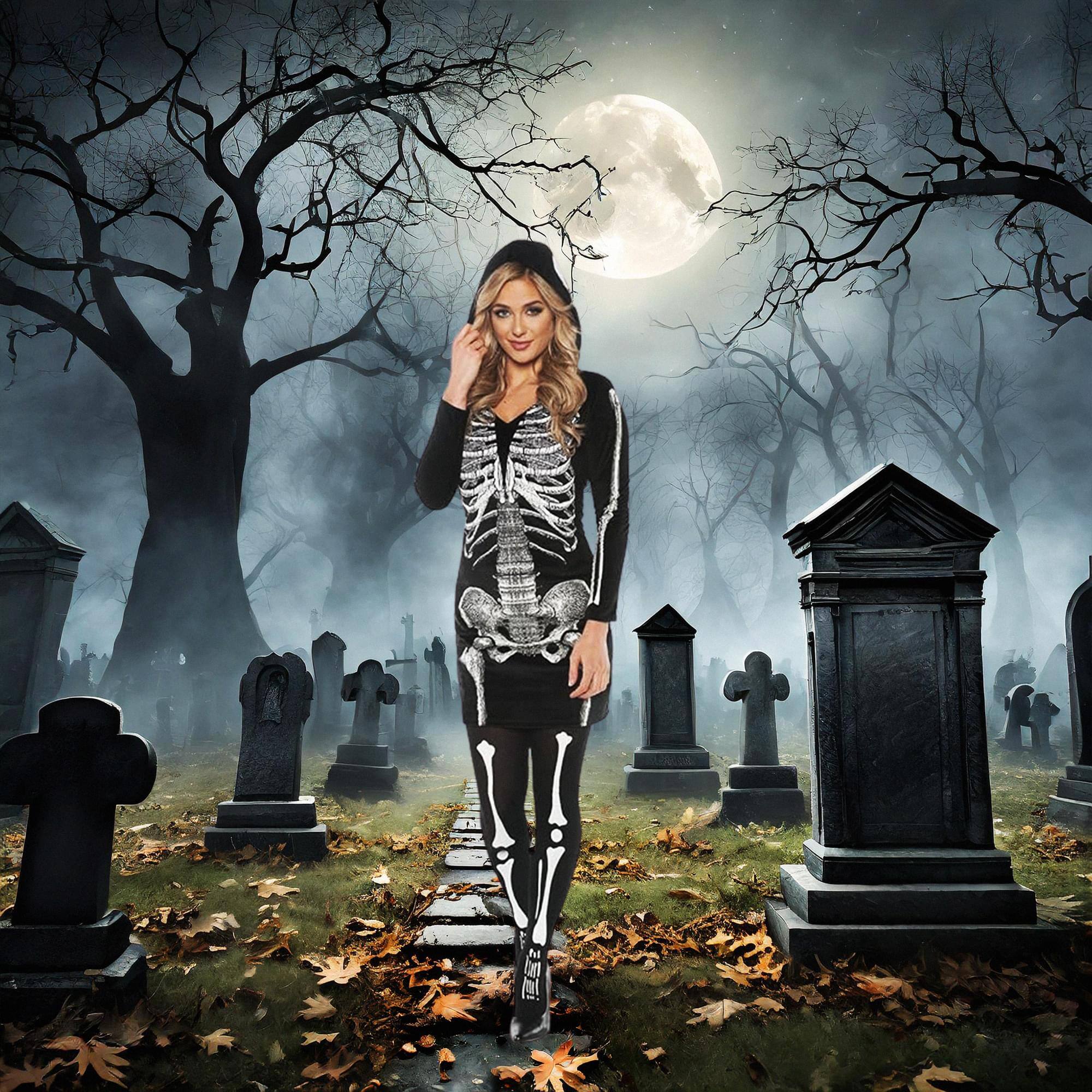 Alt View 10. Underwraps - Women's Skeletal Hoodie Dress Costume XL - Black.