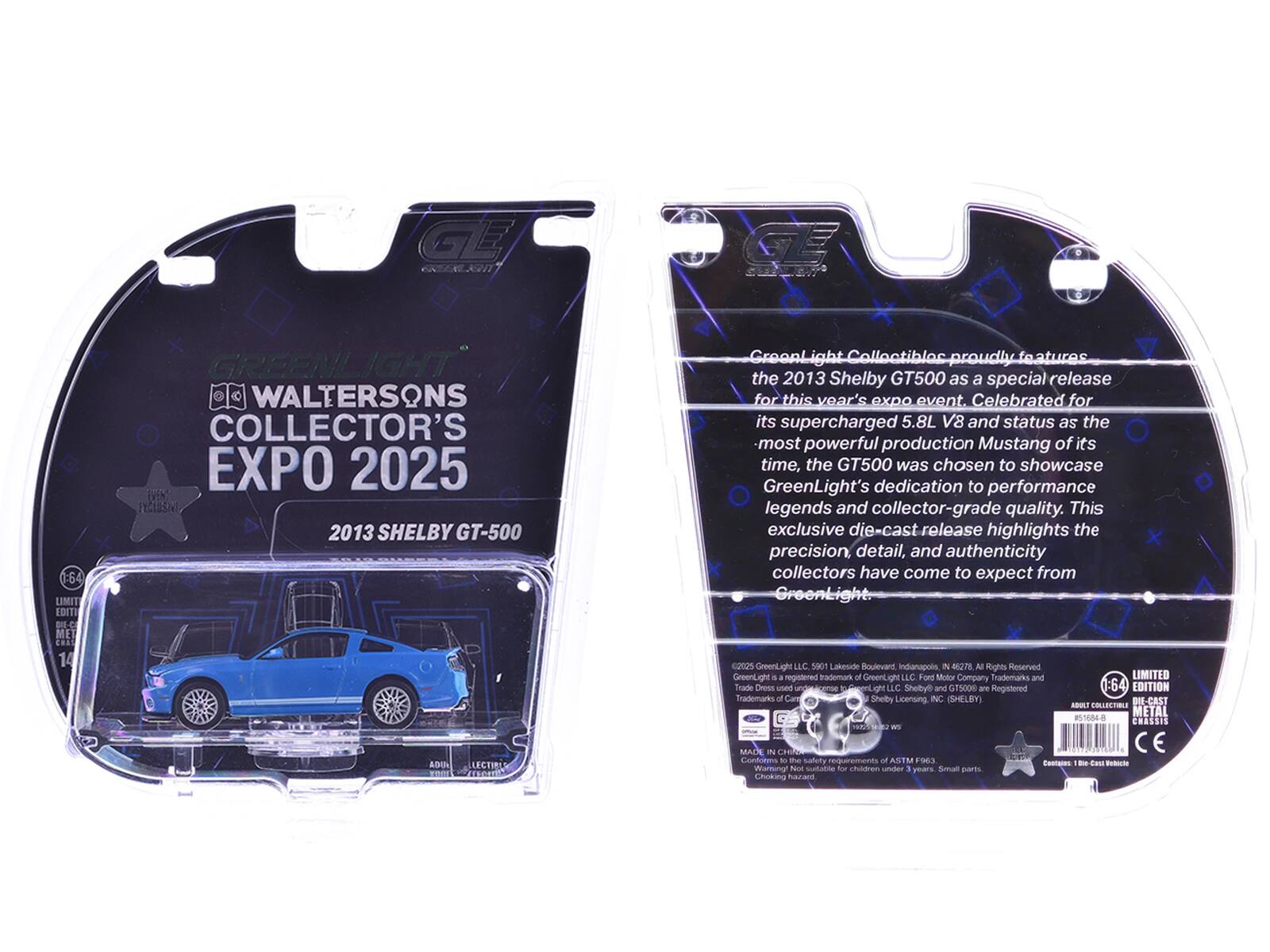 GE 64 LIMIT EDITI DC MET CHAS 14 GREENLIGHT WALTERSONS COLLECTOR'S EXPO 2025

GreenLight Collectibles proudly features the 2013 Shelby GT500 as a special release for this year's expo event. Celebrated for its supercharged 5.8L V8 and status as the most powerful production Mustang of its time, the GT500 was chosen to showcase GreenLight's dedication to performance legends and collector-grade quality. This exclusive die-cast release highlights the precision, detail, and authenticity collectors have come to expect from GreenLight.

GreenLight LLC
5901 Lakeside Boulevard
Indianapolis, IN 46278
All Rights Reserved

GreenLight is a registered trademark of GreenLight LLC. Ford Motor Company Trademarks and LIMITED EDITION Trademarks are Registered Trademarks. Shelby GT500 and SHELBY are Registered Trademarks. (SHELBY) DIE-CAST ARULT CLR METAL m64 CRASSIS a ADI LECTIO MADE 2 CHI

Contains small parts. Not for children under 3 years. Small parts. Choking hazard.
