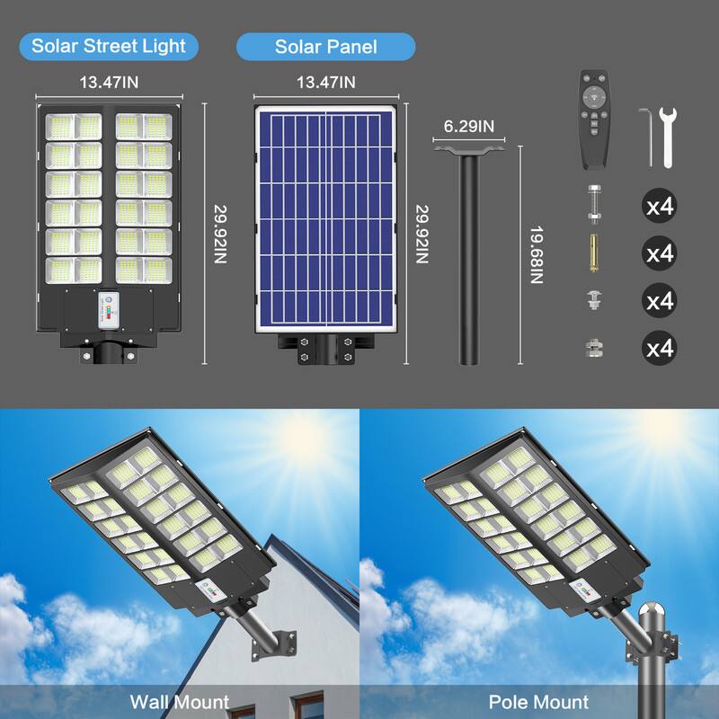 Solar Street Light  
Solar Panel  
13.47IN x 4  
13.47IN x 4  
6.29IN x 4  
29.92IN x 4  
29.92IN x 4  
19.68IN x 4  
Wall Mount  
Pole Mount