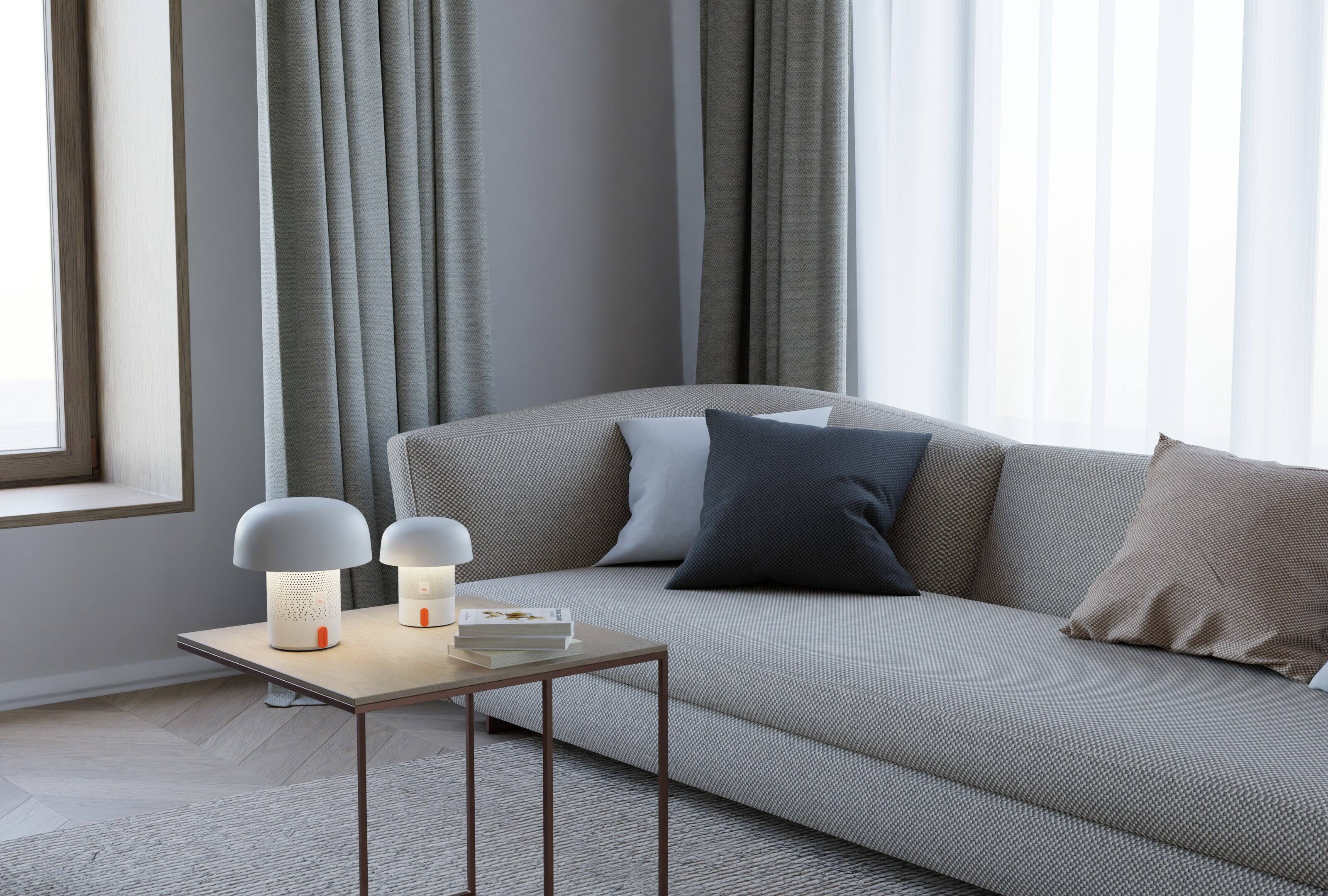 Alt View 4. Kooduu - Sensa Play- White Lamp, Cordless rechargeable indoor/outdoor speaker Lamp, Sound by JBL.