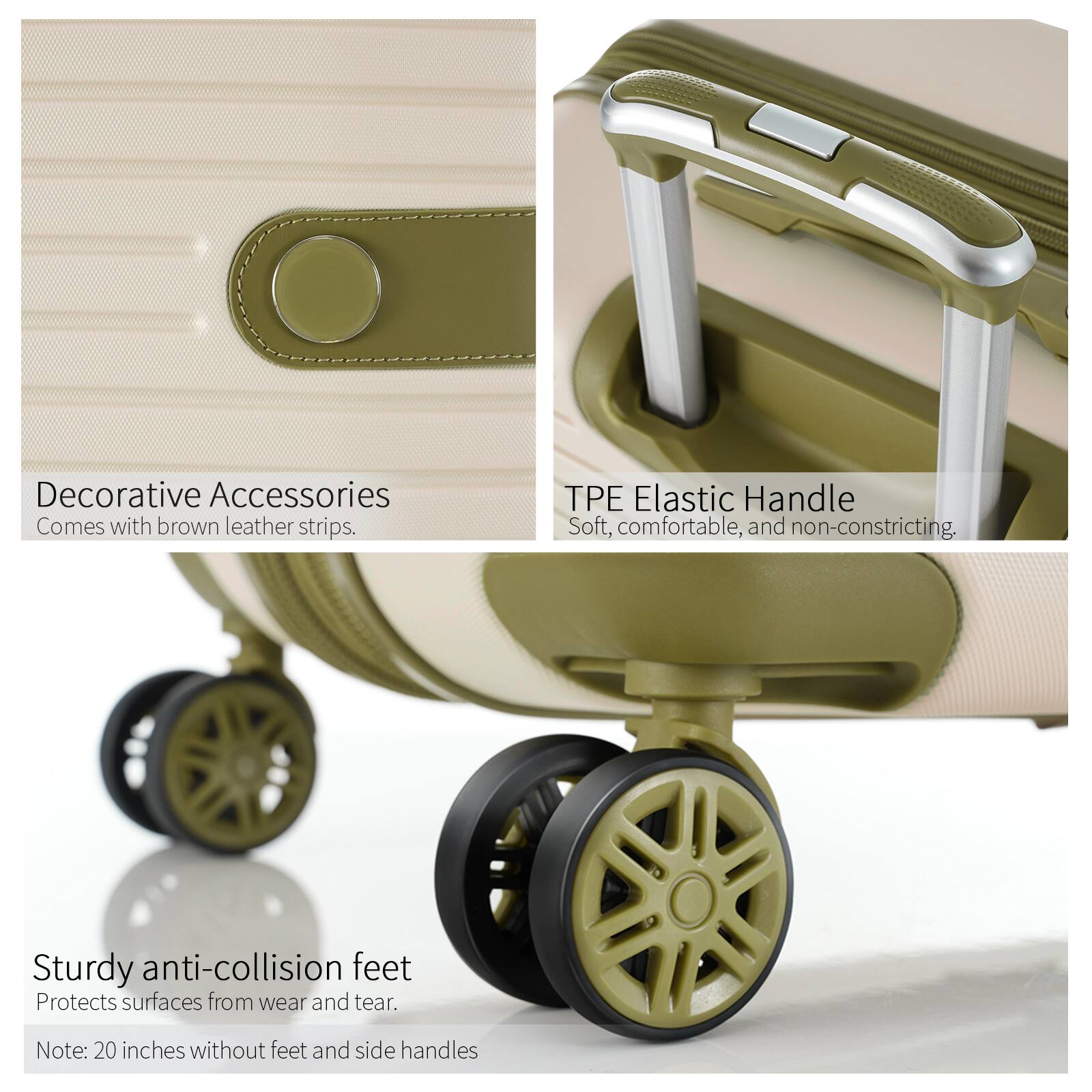 Decorative Accessories  
Comes with brown leather strips.

TPE Elastic Handle  
Soft, comfortable, and non-constricting.

Sturdy anti-collision feet  
Protects surfaces from wear and tear.

Note: 20 inches without feet and side handles