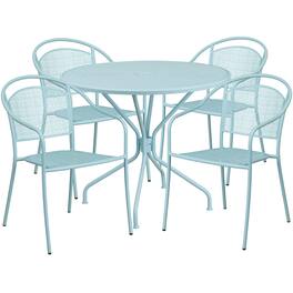 Emma + Oliver - Commercial 35.25" Round Metal Garden Patio Table Set w/ 4 Round Back Chairs - Sky Blue