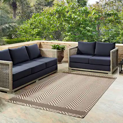 Front. Modway - Optica Chevron With End Borders Indoor and Outdoor Area Rug - Light and Dark Beige.