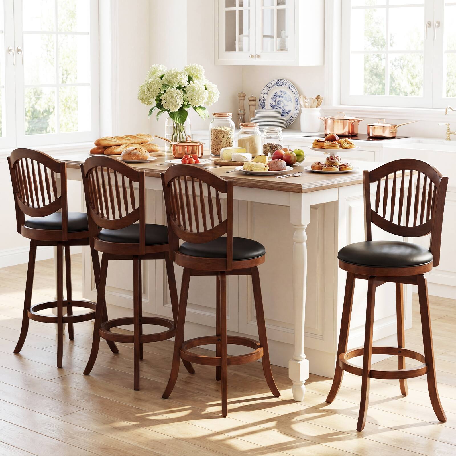 Alt View 1. Costway - Costway Swivel Bar Stools Set of 4, 30" Bar Height Chairs with Backrest and Wood Frame - Brown.
