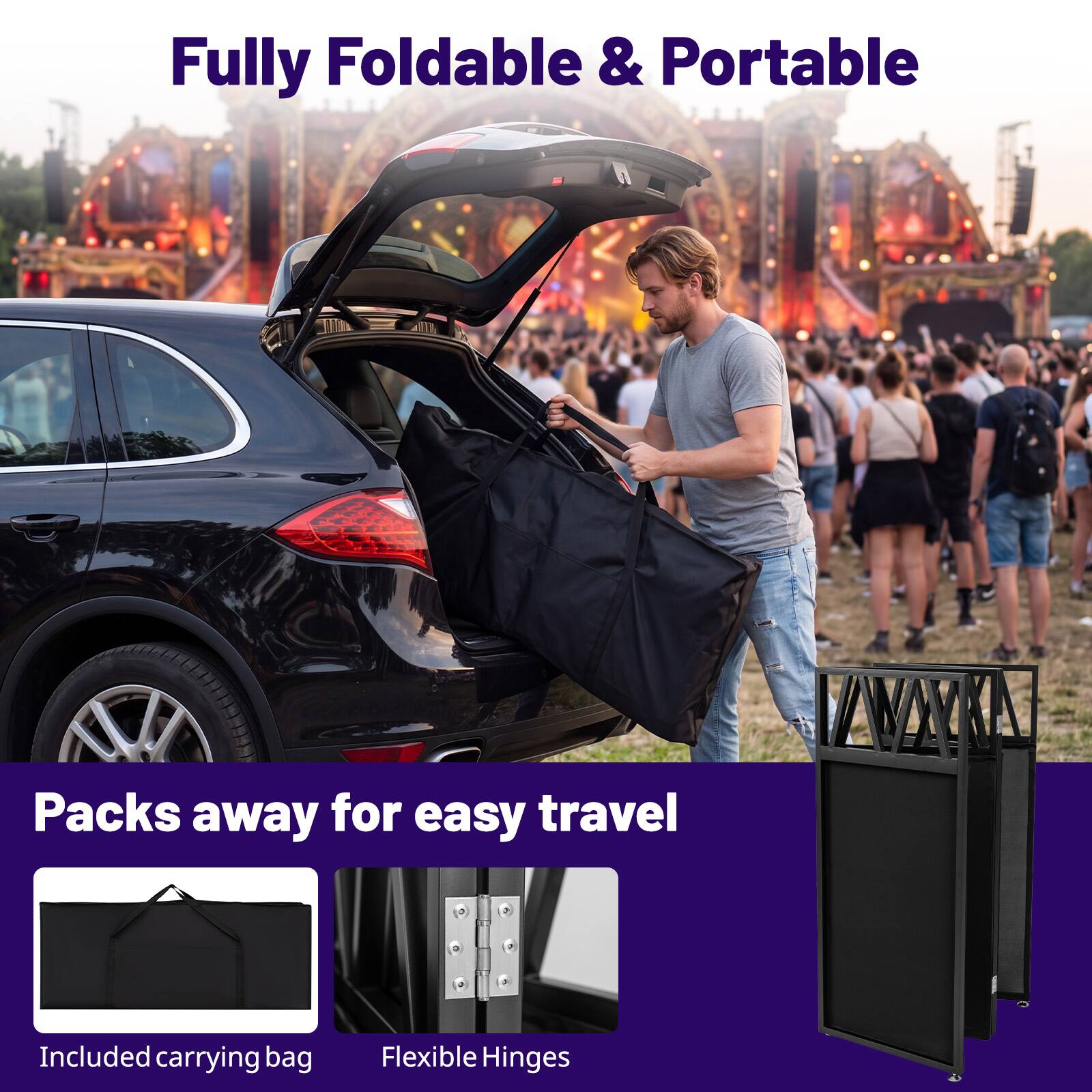 Fully Foldable & Portable  
Packs away for easy travel  
Included carrying bag  
Flexible Hinges