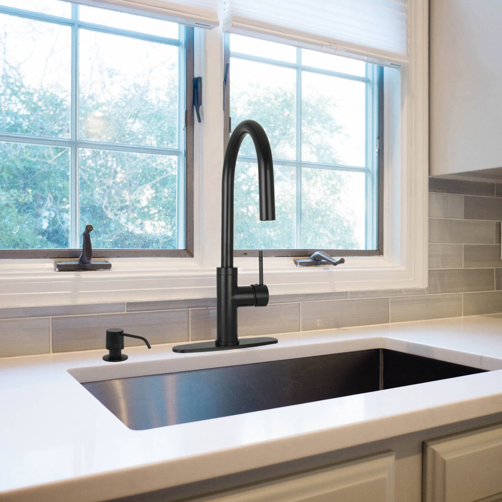 Alt View 4. Akicon - Akicon Single Handle Solid Brass Kitchen Faucet with Pull Down Sprayer in Matte Black - Matte Black.