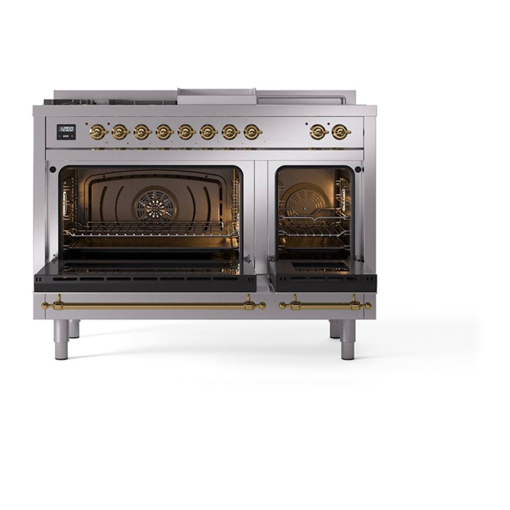 Alt View 4. ILVE - ILVE Nostalgie II 48 inch Dual Fuel Range with 5 Burners + Griddle (Liquid Propane, Stainless Steel, Brass Trim) - Stainless Steel.