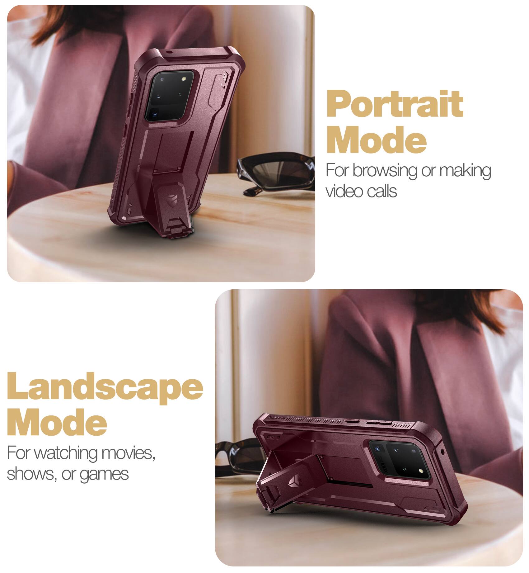 Portrait Mode  
For browsing or making video calls  

Landscape Mode  
For watching movies, shows, or games