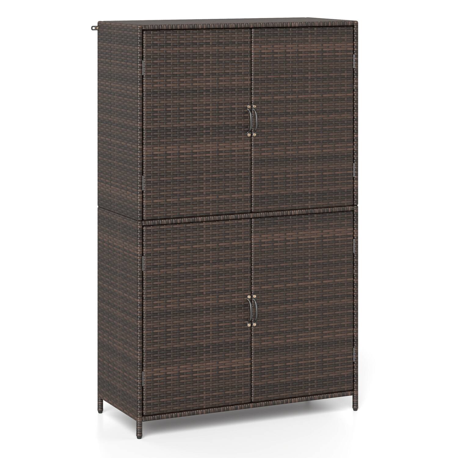 Left. WELLFOR - 4-Door Rattan Vertical Storage Shed with Adjustable Shelves - Brown.