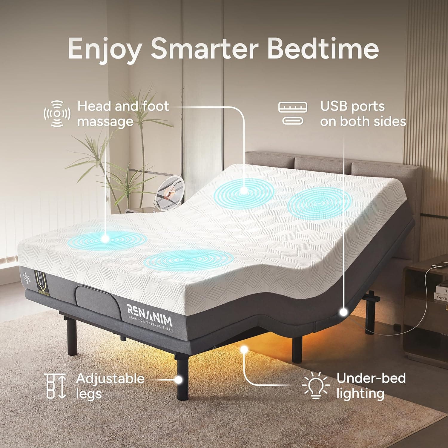 Enjoy Smarter Bedtime
- Head and foot massage
- USB ports on both sides
- Adjustable legs
- Under-bed lighting