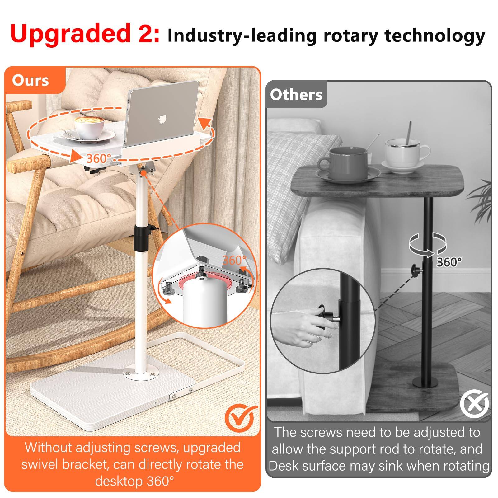 Upgraded 2: Industry-leading rotary technology

Ours  
Without adjusting screws, upgraded swivel bracket, can directly rotate the desktop 360°

Others  
The screws need to be adjusted to allow the support rod to rotate, and Desk surface may sink when rotating
