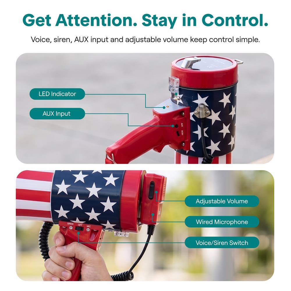 Get Attention. Stay in Control.  
Voice, siren, AUX input and adjustable volume keep control simple.

- LED Indicator
- AUX Input
- Adjustable Volume
- SIREN OFF MC
- Wired Microphone
- Voice/Siren Switch