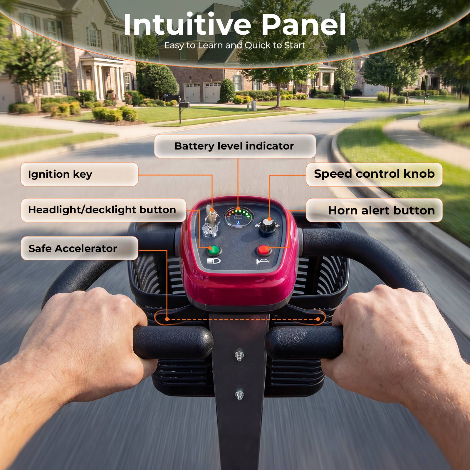 Intuitive Panel  
Easy to Learn and Quick to Start  

- Battery level indicator  
- Ignition key  
- Headlight/decklight button  
- Speed control knob  
- Horn alert button  
- Safe Accelerator
