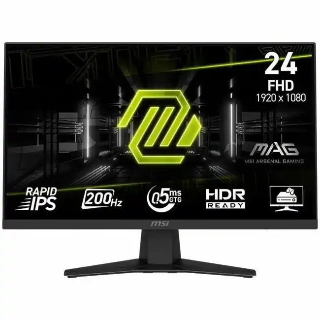 24 FHD  
1920 x 1080  

MSI ARSENAL GAMING  

MAG  

RAPID IPS  
200Hz  
0.5ms GTG  
HDR READY  

MSI