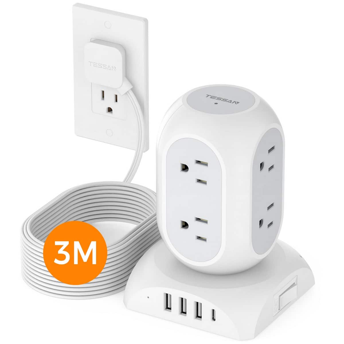 TESSAN - 1050J,10 Ft Long Flat Plug Extension Cord Plug,Tower Surge Protector Power Strip with 8 Outlets and 4 USB Ports(1 USB C) - Gray