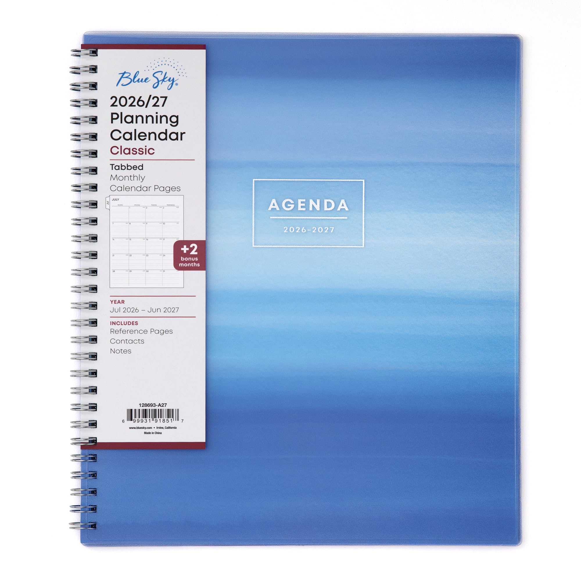 Blue Sky. 2026/27 Planning Calendar Classic  
Tabbed Monthly Calendar Pages  
JULY  
AGENDA  
2026-2027  
+2 bonus months  
YEAR Jul 2026 - Jun 2027  
INCLUDES Reference Pages Contacts Notes  
128693-A27  
99931 91851 1 www.blumics.com