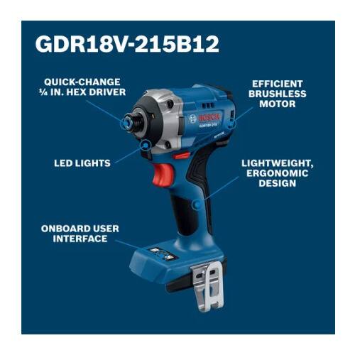 GDR18V-215B12 QUICK-CHANGE 1/4 IN. HEX DRIVER BOSCH EFFICIENT BRUSHLESS MOTOR LED LIGHTS LIGHTWEIGHT, ERGONOMIC DESIGN ONBOARD USER INTERFACE