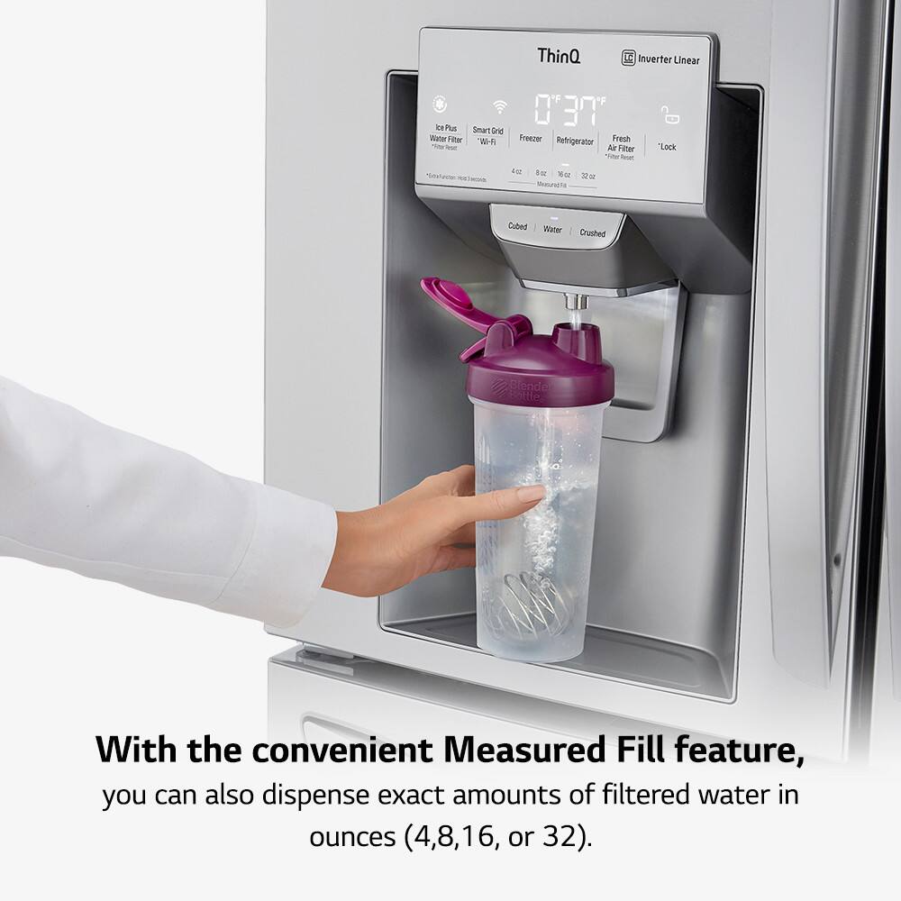 ThinQ Inverter Linear  
Smart Grid Wi-Fi  
Fresh Air Filter  
Lock  
Measured Fill feature  
With the convenient Measured Fill feature, you can also dispense exact amounts of filtered water in ounces (4, 8, 16, or 32).