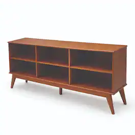 Simpli Home - Draper 76 inch Wide Solid Wood Mid Century 6 Shelf Low Bookcase - Teak Brown