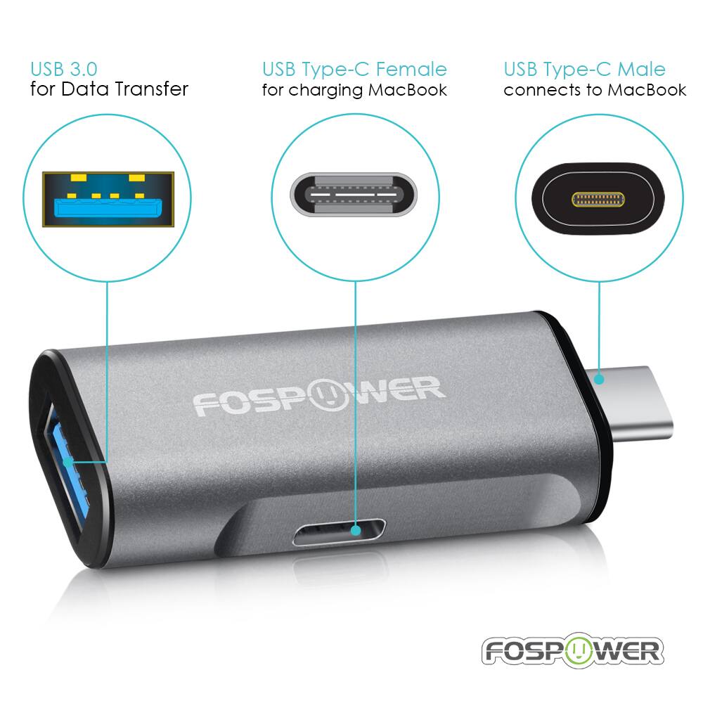 USB 3.0 for Data Transfer  
USB Type-C Female for charging MacBook  
USB Type-C Male connects to MacBook  

FOSPOWER
