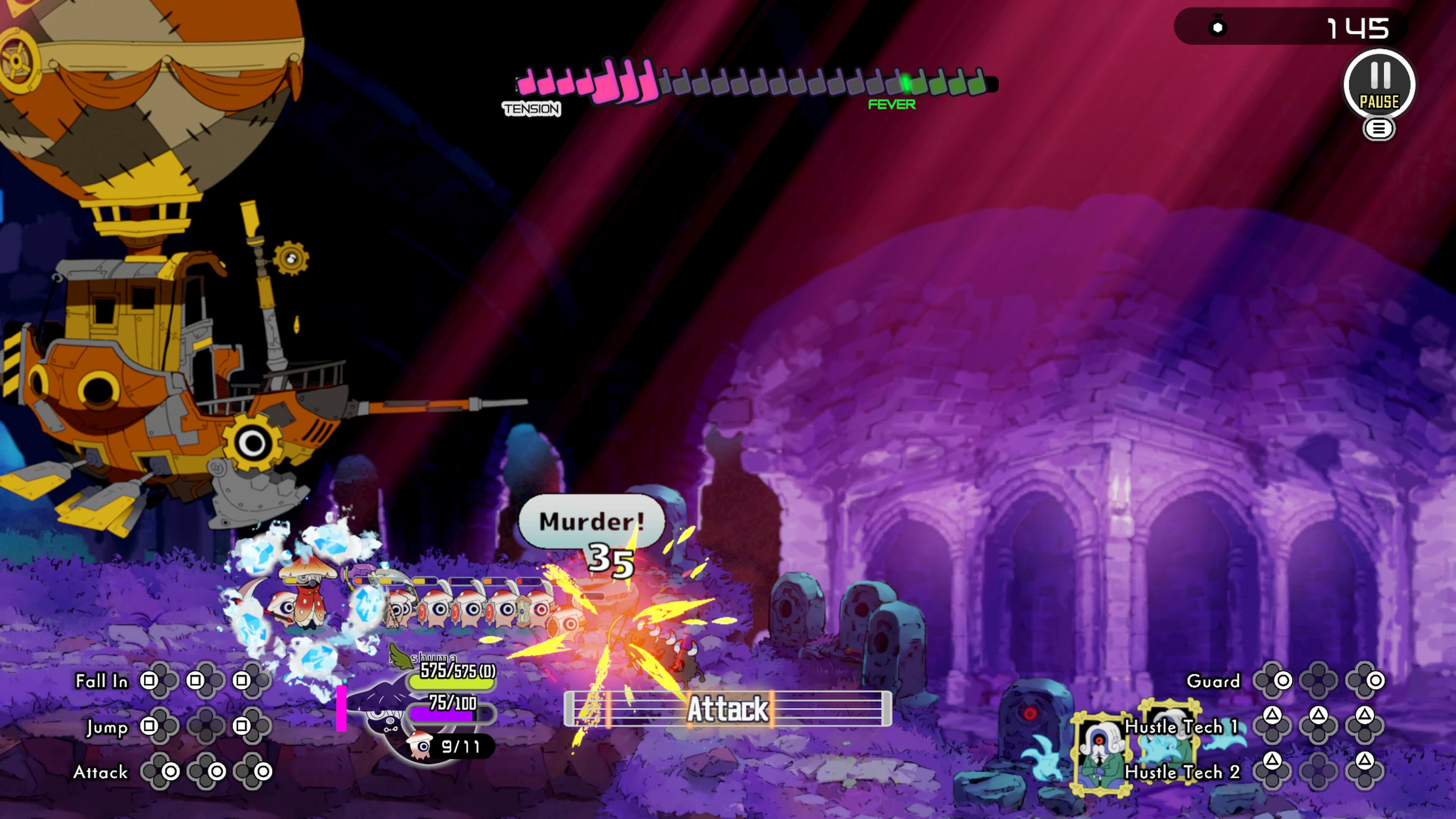 1 45 TENSION FEVER PAUSE E Murder! 35 Fall In Jump Attack s0mm S 575/575 (D) 75/100 9/11 Attack Guard Hustle Tech 1 Hustle Tech 2 A A