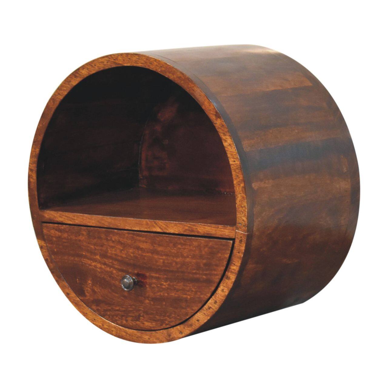 Left. Artisan Furniture - Artisan Furniture Solid Wood Floating Circle Chestnut Bedside, 1 Drawer, 1 Open Slot, Dark Brown - Chestnut.