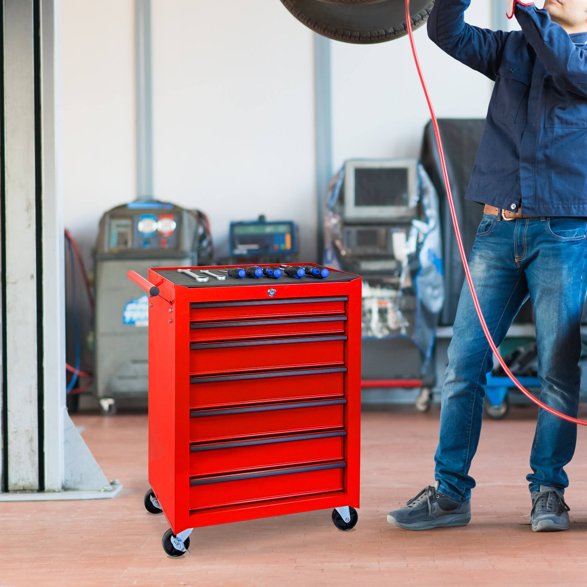 Alt View 3. Boyel Living - RED Rolling Metal Tool Chest with 7 Drawers, 20" 7-Drawer Tool Chest Cabinet.