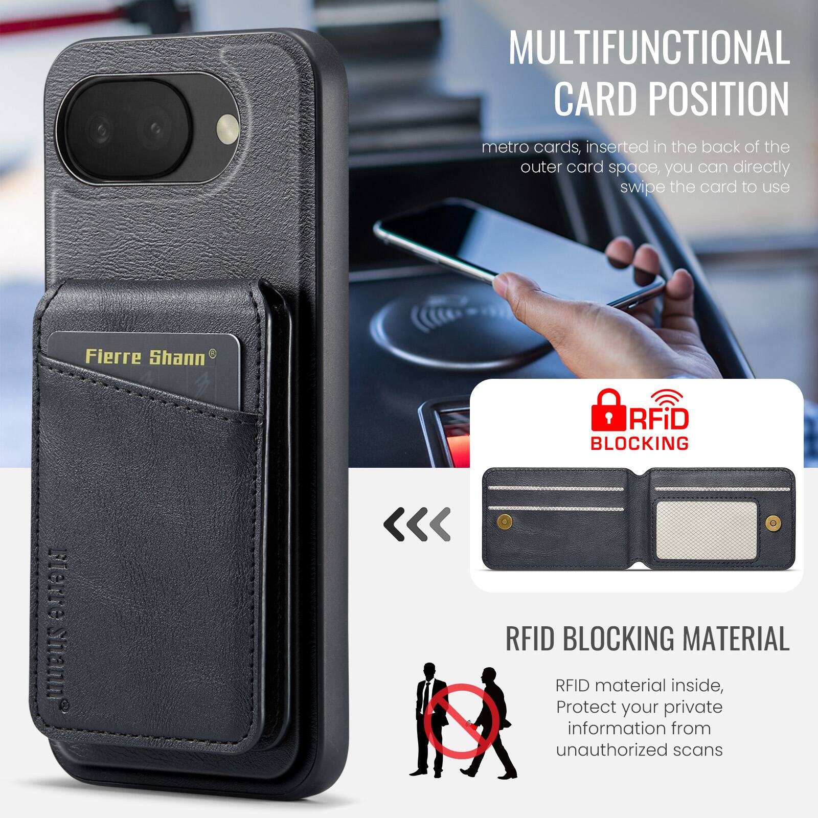 MULTIFUNCTIONAL CARD POSITION

Metro cards, inserted in the back of the outer card space, you can directly swipe the card to use

Fierre Shann

RFID BLOCKING

RFID BLOCKING MATERIAL

RFID material inside, Protect your private information from unauthorized scans