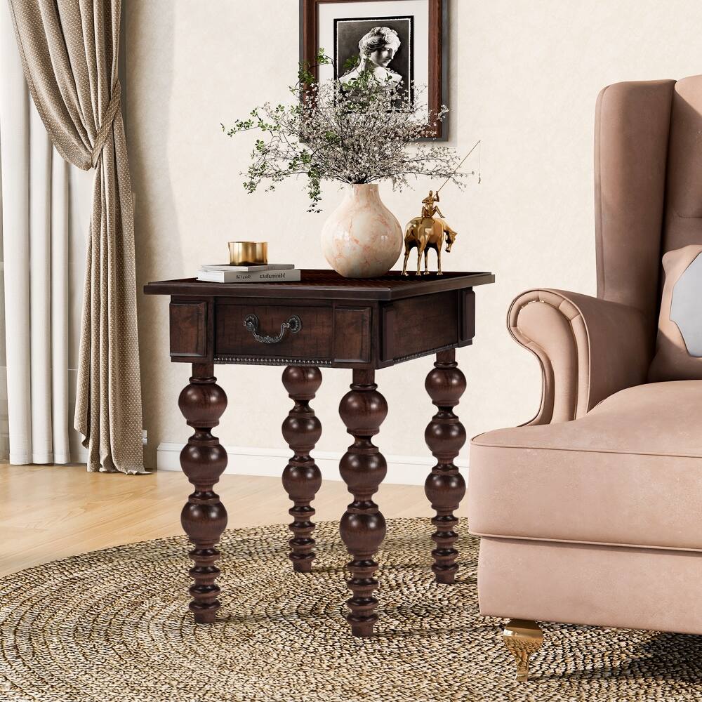 Alt View 1. Lirago - Espresso  Solid Wood End Table with Drawer Vintage Narrow 4 Leg Side Table for Living Room 23"H x 18"D x 24"W - Espresso.