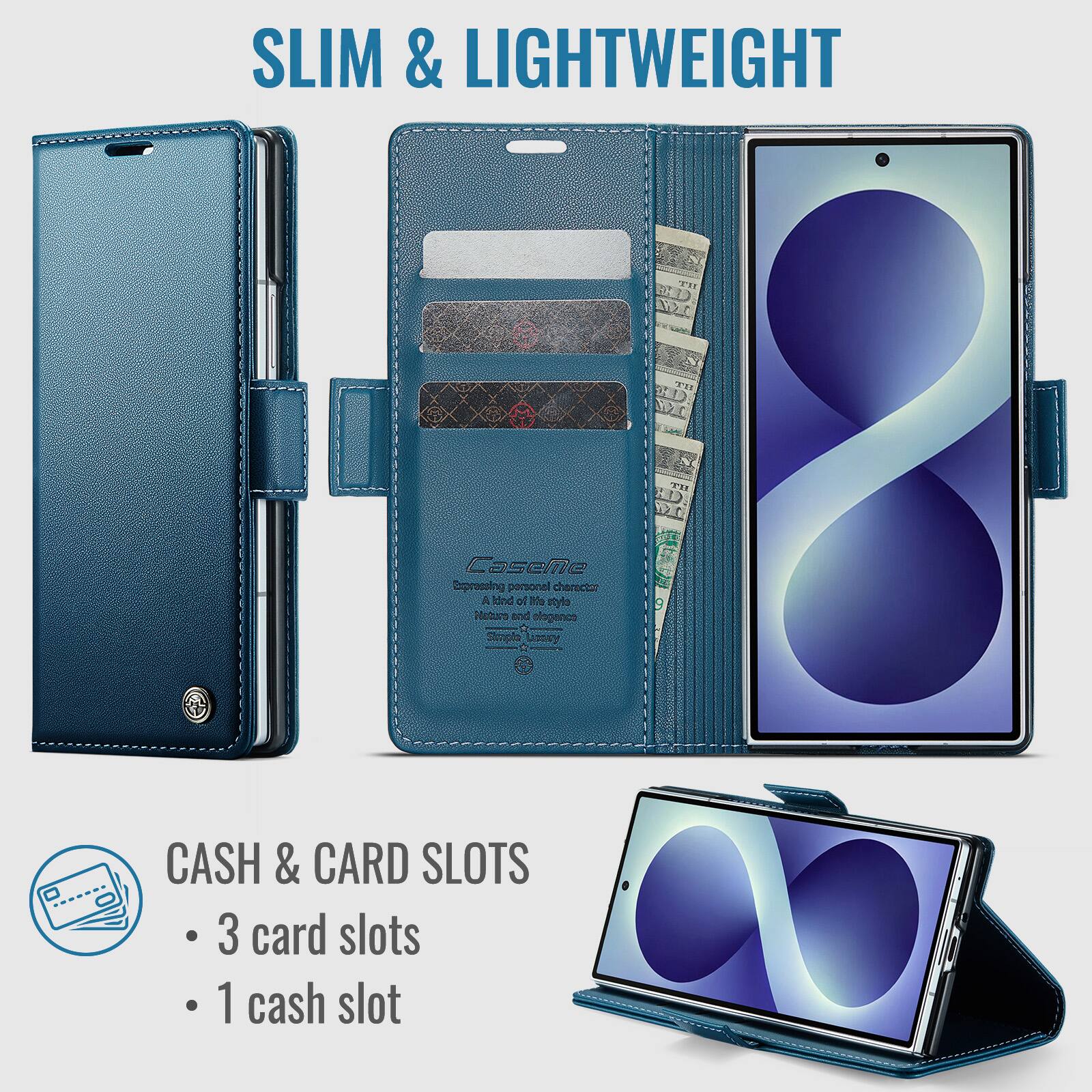 SLIM & LIGHTWEIGHT

Caseme Expressing personal character & land of TO style Nature and consgele Simple Lucory

CASH & CARD SLOTS
- 3 card slots
- 1 cash slot