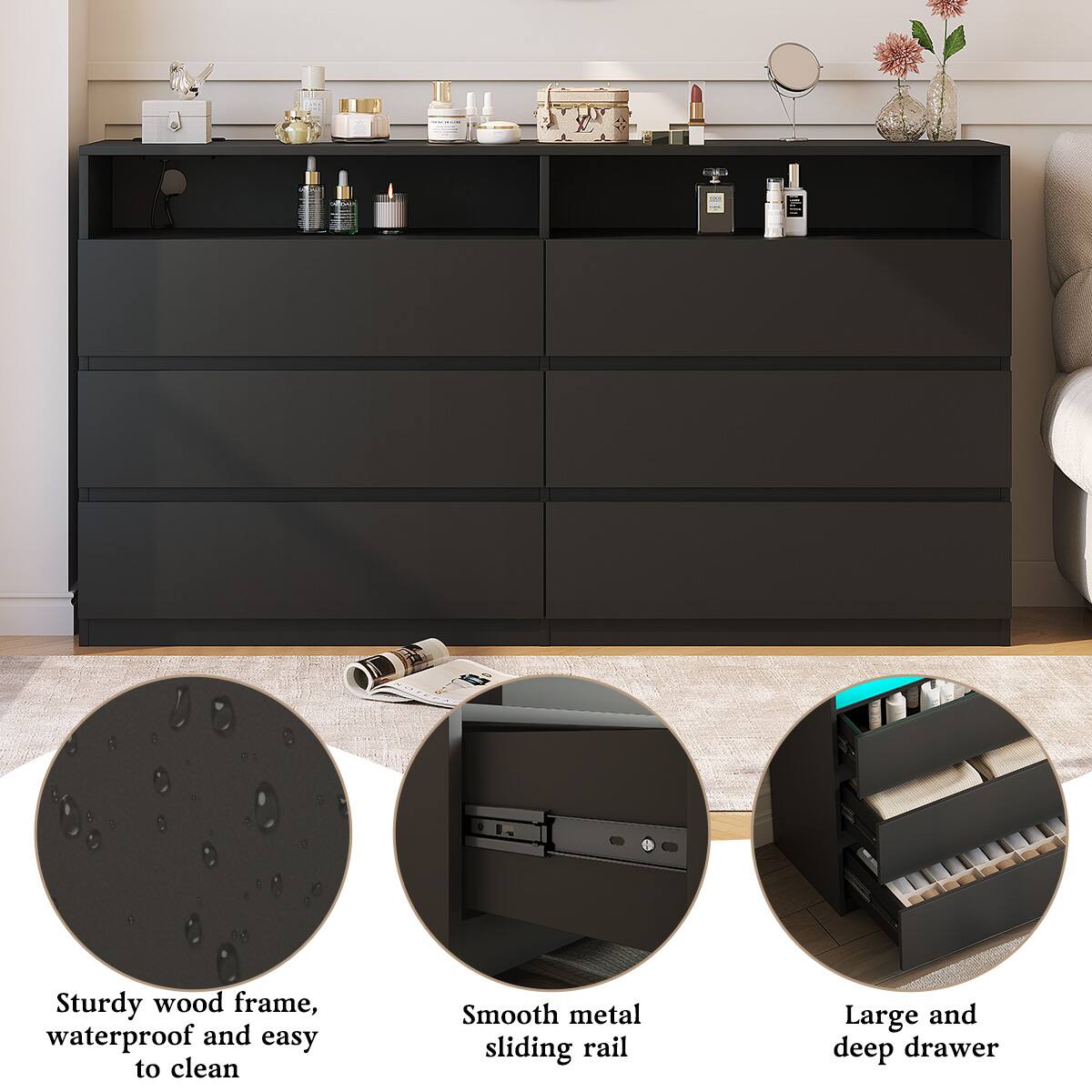 Sturdy wood frame, waterproof and easy to clean  
Smooth metal sliding rail  
Large and deep drawer