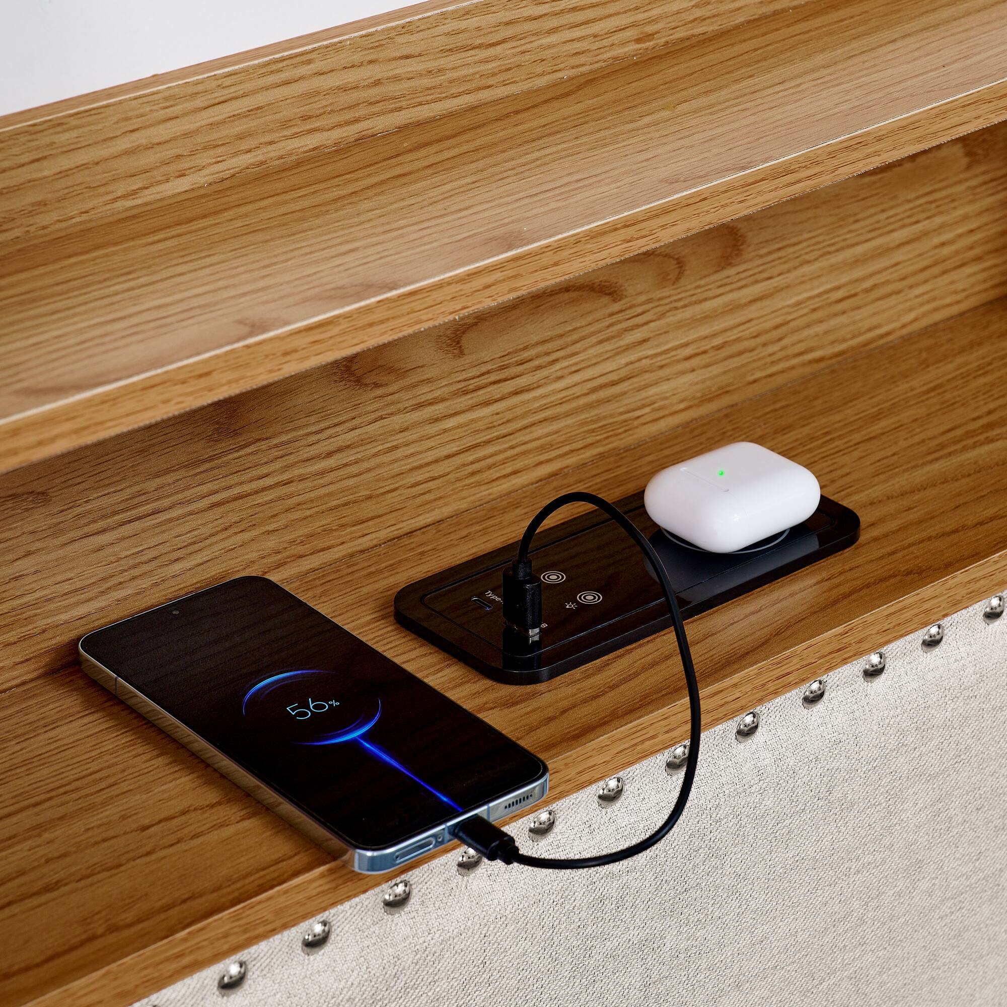 Alt View 3. Anysun - Twin Upholstered Sofa Bed with LED Lights&Storage-Adjustable Headboard, Pull-Up Trundle & Wireless Charging, Linen Frame - Beige.