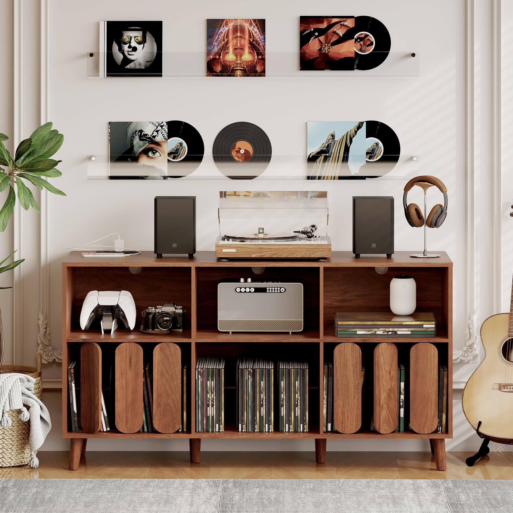 Alt View 1. Babevy - 55 in Large Record Player Stand with Charging Station - Vinyl Record Storage Cabinet with 2 USB Ports, Open Shelves - Brown.