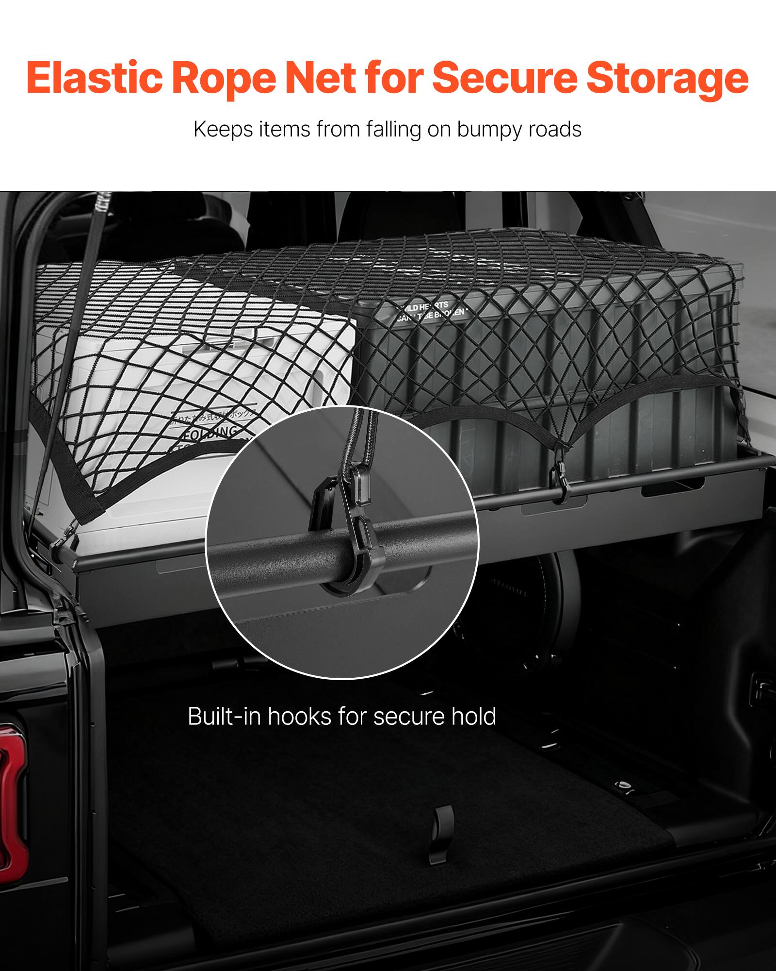 Elastic Rope Net for Secure Storage  
Keeps items from falling on bumpy roads  

Built-in hooks for secure hold