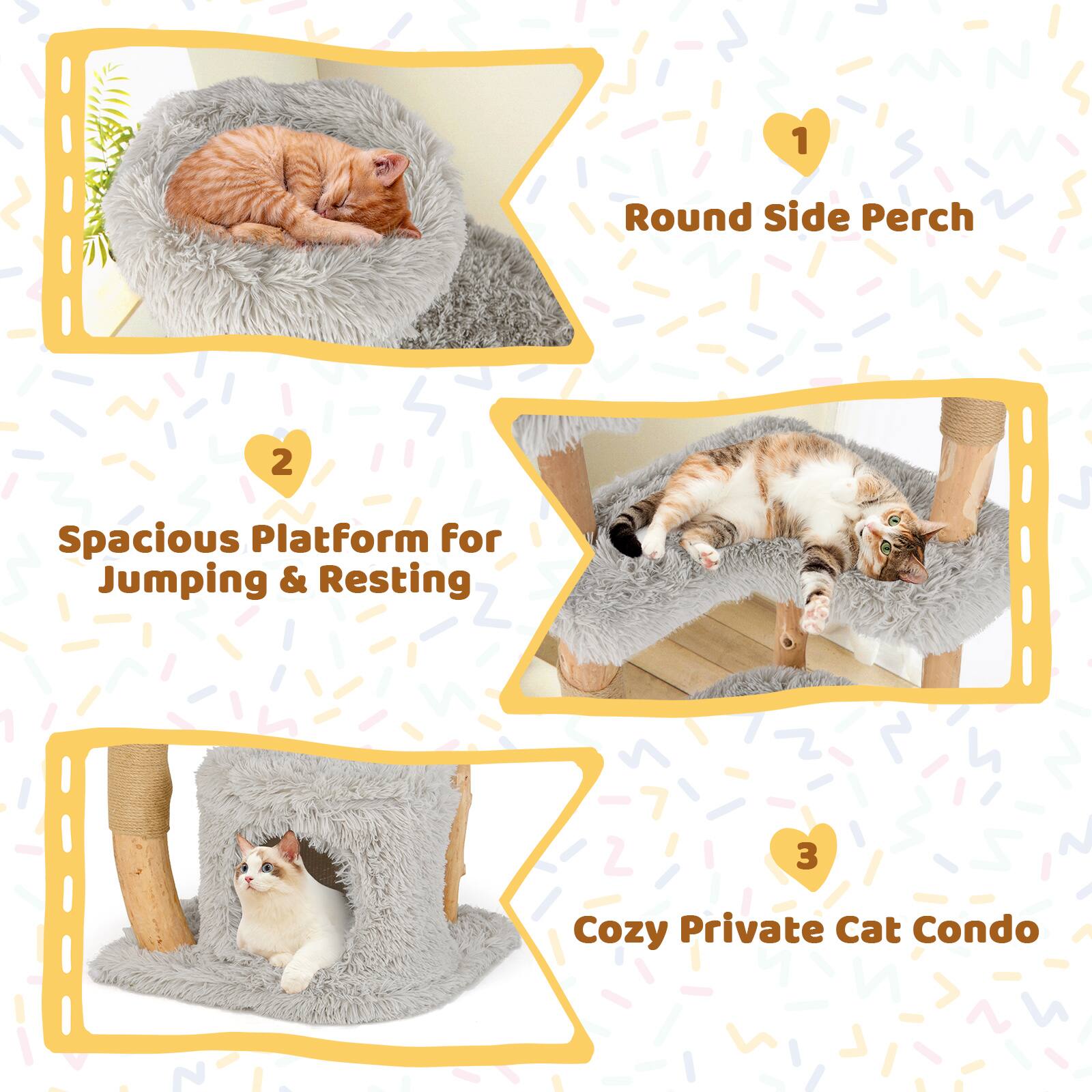 1. Round Side Perch  
2. Spacious Platform for Jumping & Resting  
3. Cozy Private Cat Condo