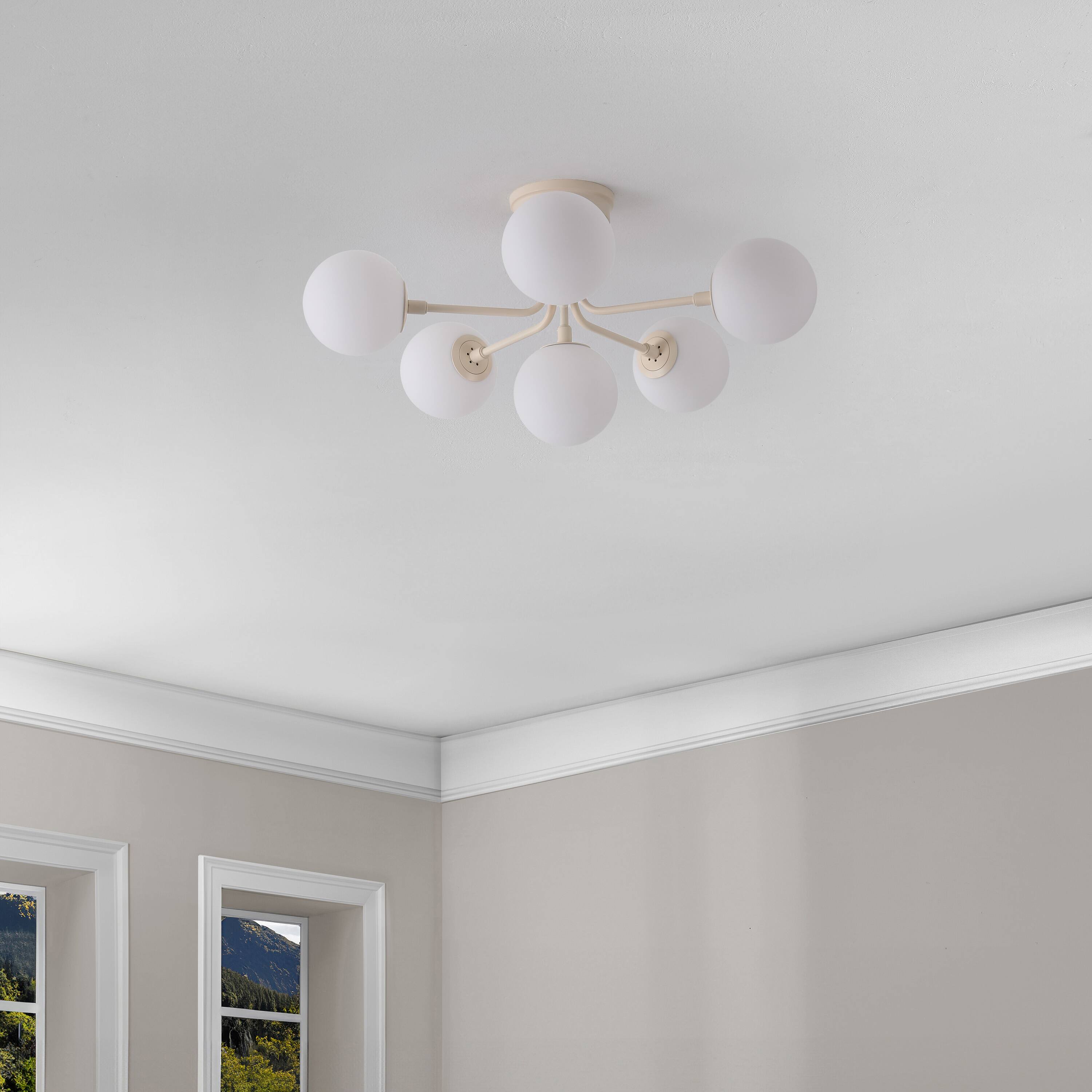 Alt View 5. Jonathan Y - Olivier Parisian 24" 6-Light Globe Modern Industrial Iron Bistro LED Semi Flush Mount, Almond - Almond/White.