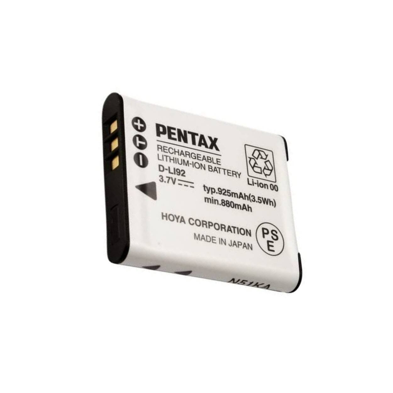 PENTAX  
RECHARGEABLE  
LITHIUM-ION BATTERY  
D-LI92  
3.7V  
typ.925mAh (3.5Wh)  
min.880mAh  

HOYA CORPORATION  
MADE IN JAPAN  

Li-ion 00  
PS E  

N51KA