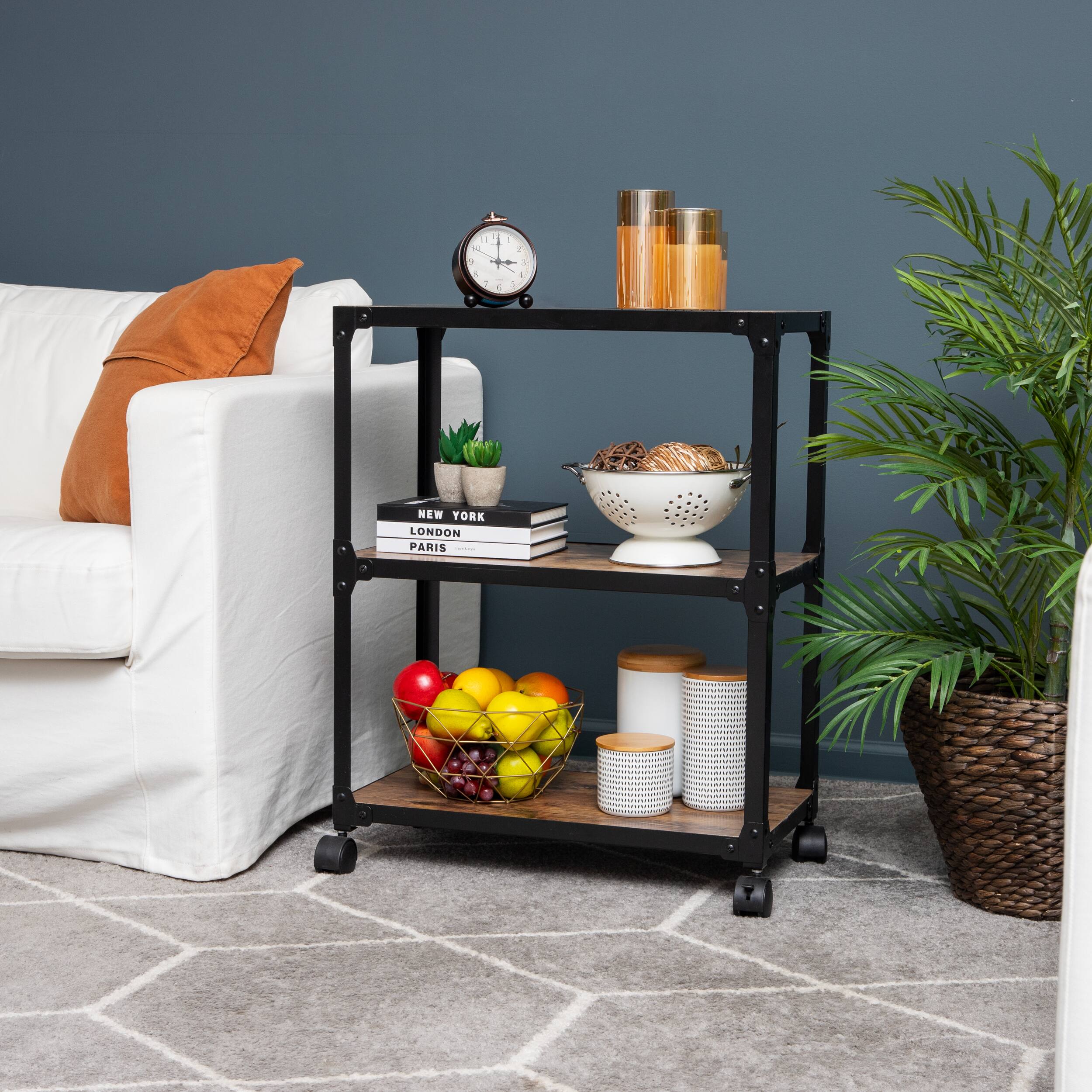 Angle. Mind Reader - Bar Cart, Rolling Cart, Microwave Stand, 3-Tier, Coffee Cart, Kitchen, Wood Metal, 23"L x 12"W x 29.5"H - Black.