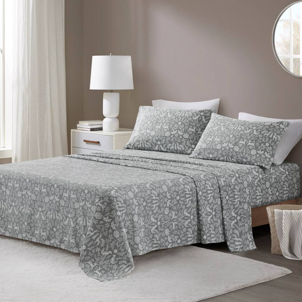 Alt View 1. Gracie Mills - Gracie Mills 4PC Dottie Oversized Flannel Sheet Set - Sage Winter Fauna.