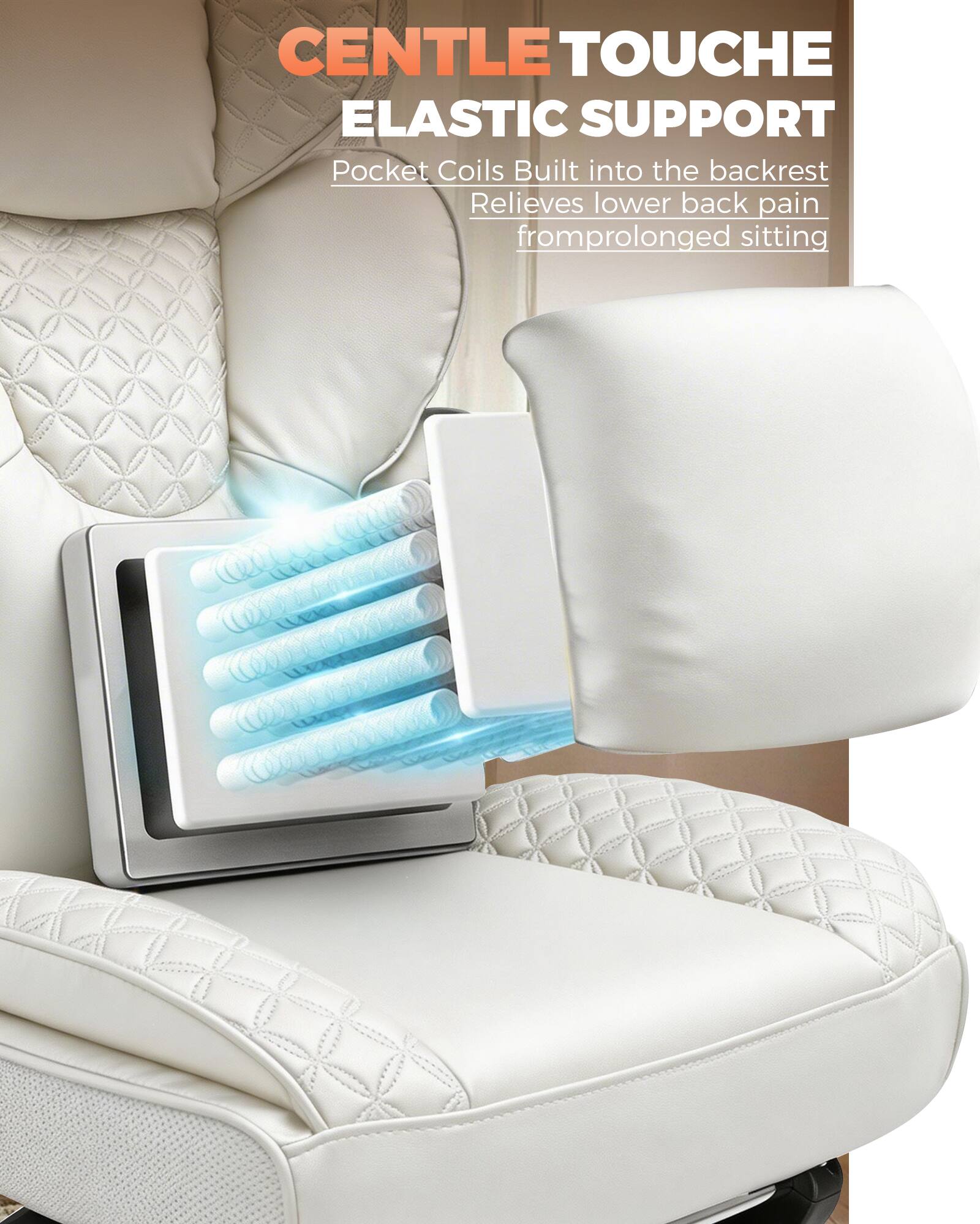 CENTLE TOUCHE  
ELASTIC SUPPORT  
Pocket Coils Built into the backrest  
Relieves lower back pain from prolonged sitting
