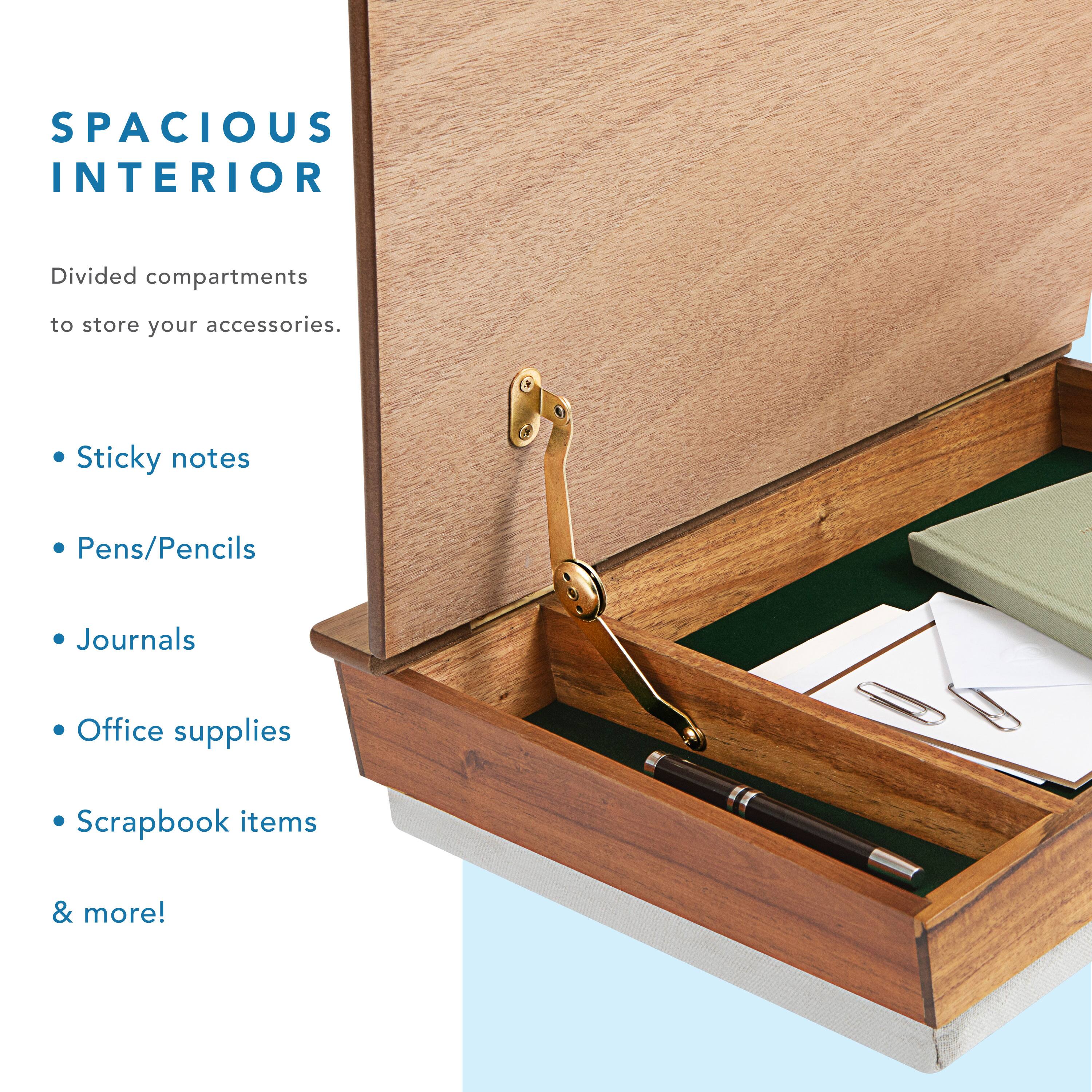 SPACIOUS INTERIOR  
Divided compartments to store your accessories.  
- Sticky notes  
- Pens/Pencils  
- Journals  
- Office supplies  
- Scrapbook items  
& more!